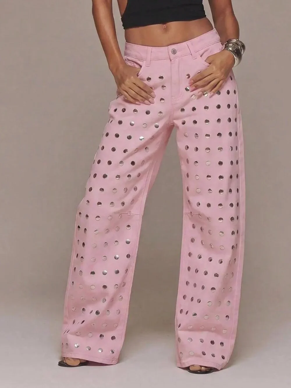 Pink Casual Women's Mid Rise Mirror Studded Baggy Fit Straight Leg Jeans